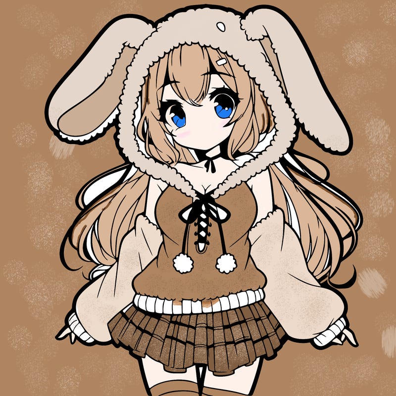 pretty anime girl wearing a fluffy hoodie with bunny ears on the hood and a skirt