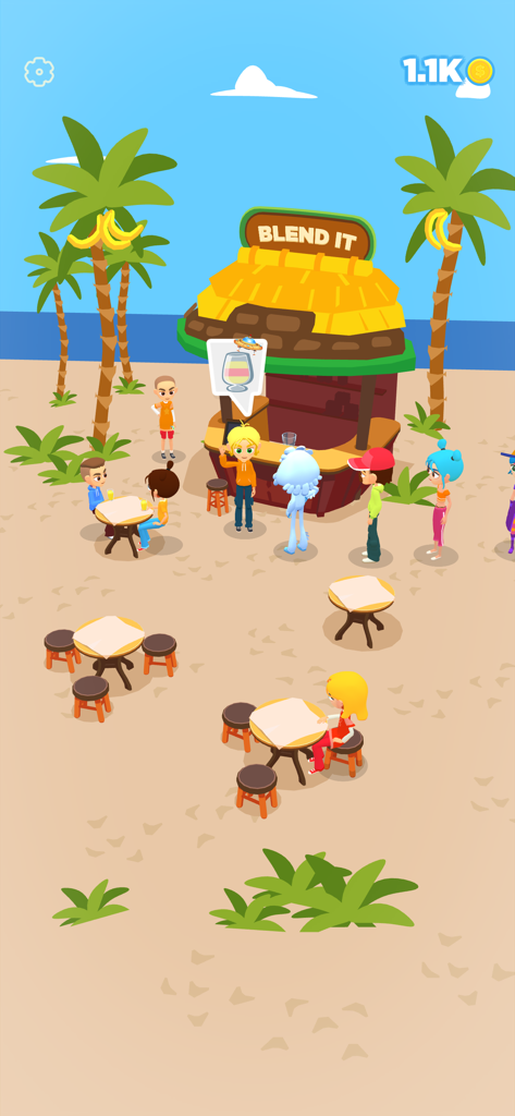 Un colorido chiringuito tropical en el juego Blend It 3D con clientes esperando batidos