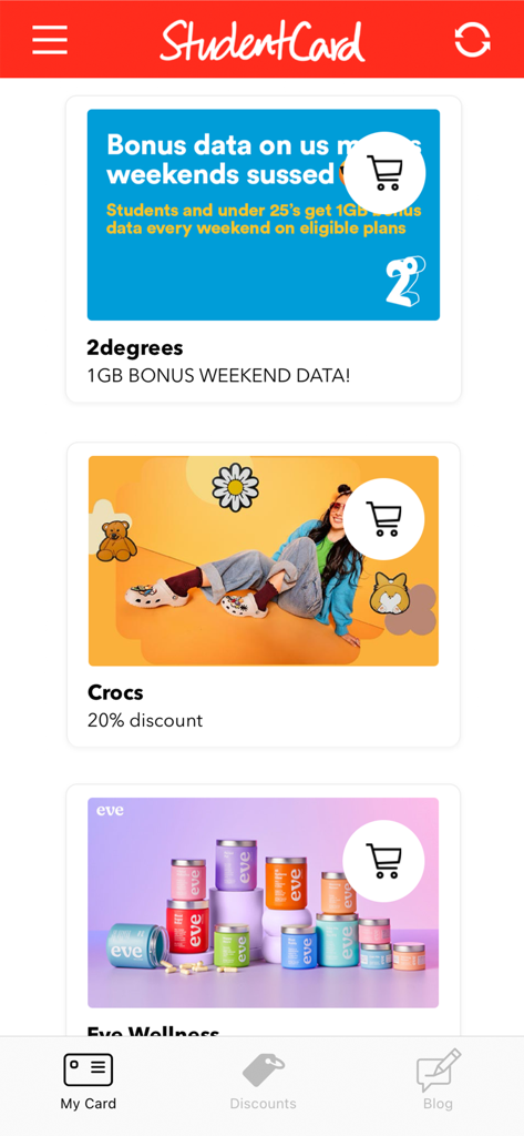 Interface of the StudentCard app displaying exclusive student deals for brands like Crocs and 2degrees.