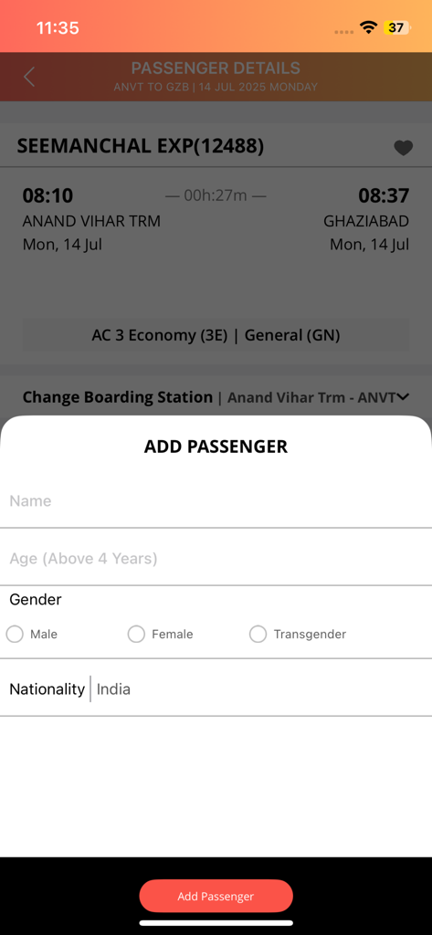 Add passenger screen in the IRCTC Rail Connect mobile app