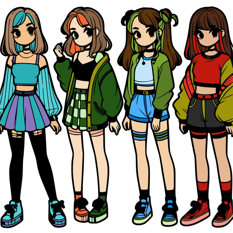 one girl with crop-top shirt and a jacket with a skirt, long socks and another girl with a shirt and pants with a jacket