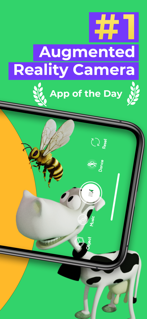 Smartphone screen showing Leo AR Camera interface with 3D bee and cow characters
