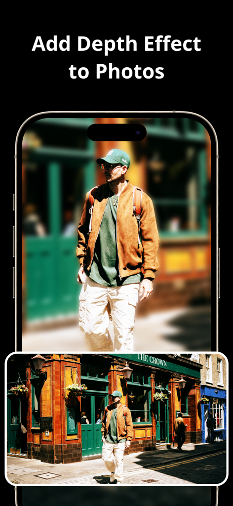 Photo Enhancer AI - PhotoPlus - AI photo enhancer app demonstrating depth effect and background blur on a street portrait