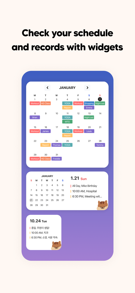 DAYOL : Journal, Calendar - Mobile widgets showing a monthly calendar and daily schedule with cute stickers
