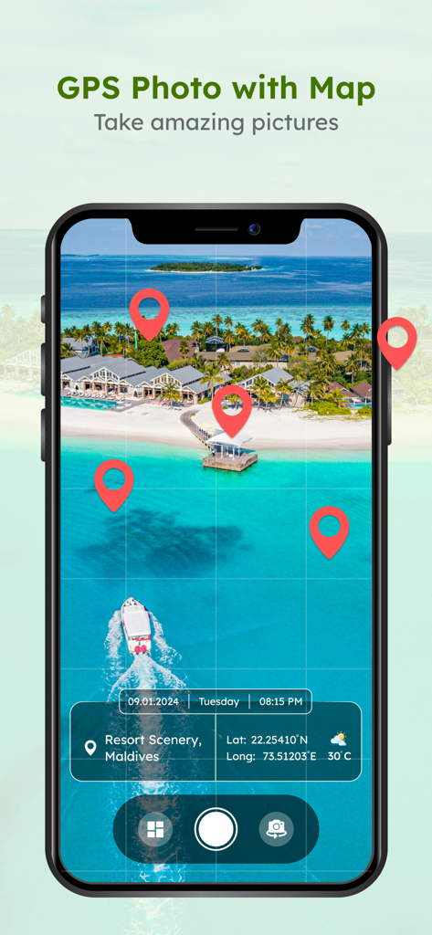GPS Timestamp Camera - GPS Map - La aplicación de cámara con sello de tiempo GPS muestra una foto de un resort tropical con una marca de agua de ubicación, fecha y coordenadas