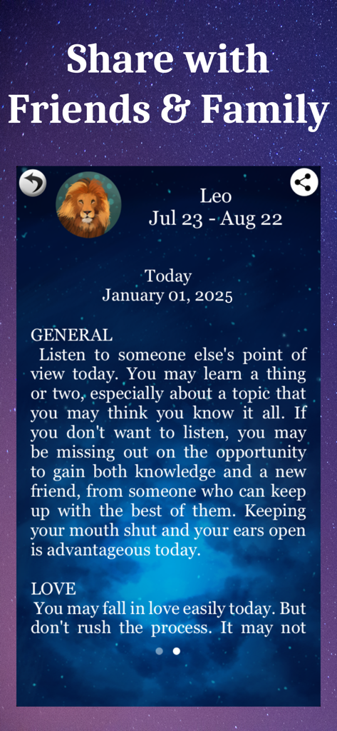 A mobile app screen showing a Leo daily horoscope with a headline for sharing with friends and family.