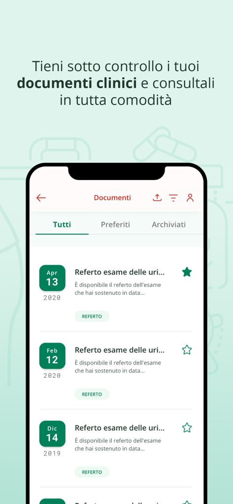 Mobile interface showing a list of clinical documents and medical test results in the ER Salute app.