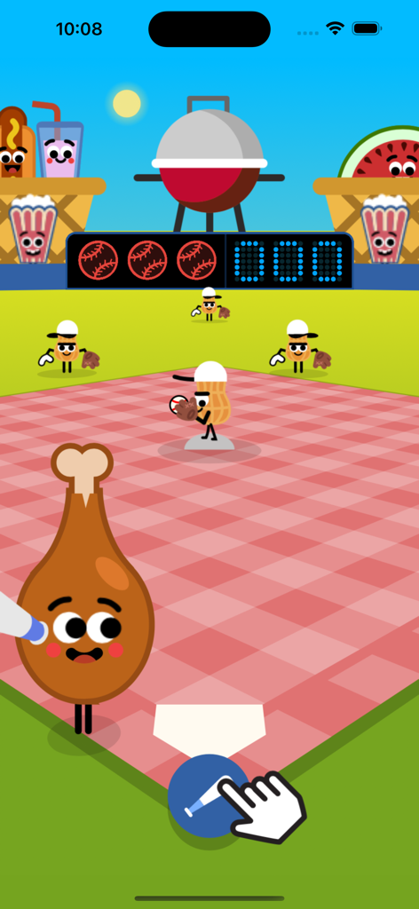 Doodles Baseball Game gameplay featuring cartoon food characters and simple tap controls.