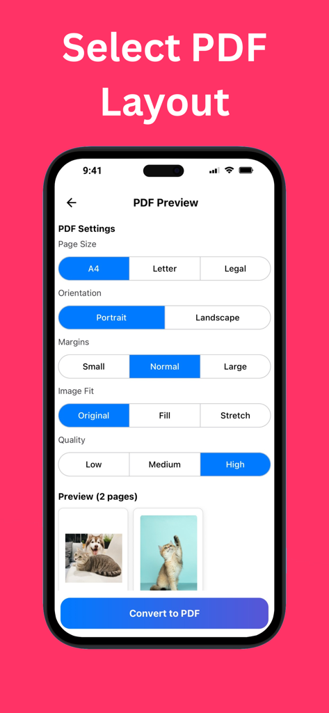Photo to PDF Converter Maker - Mobile app interface showing PDF layout settings including page size orientation and image quality options