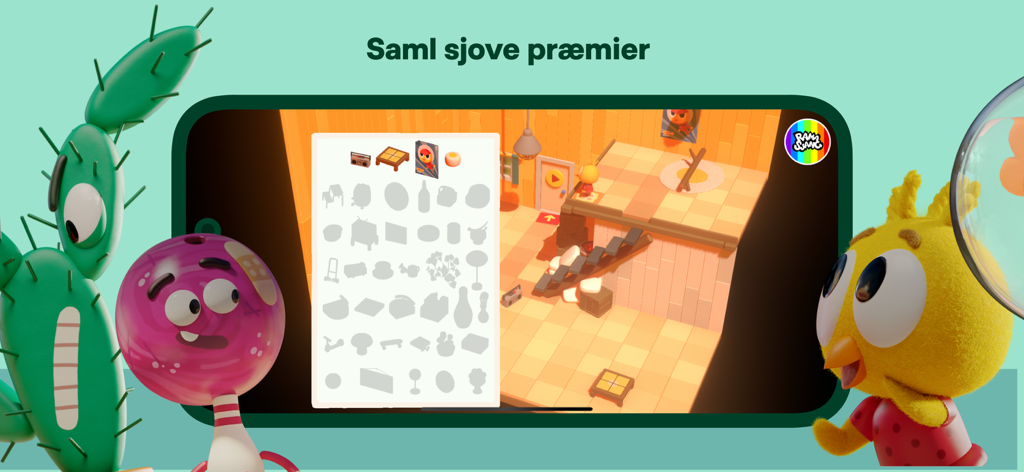 Karla the chicken viewing a menu of furniture prizes for her 3D room in the app