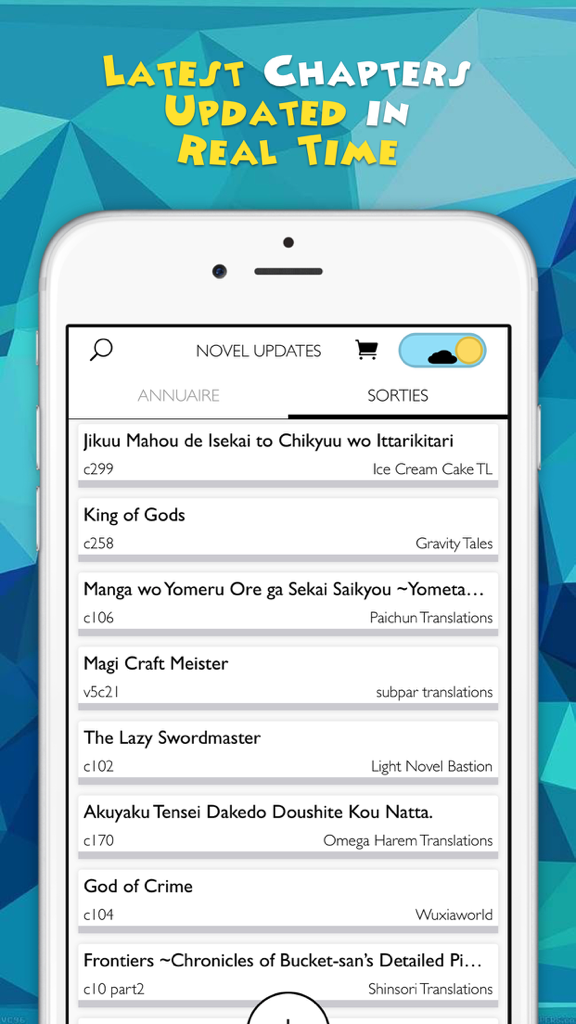 Interface of Novel Updates app showing the latest chapters of light novels updated in real time