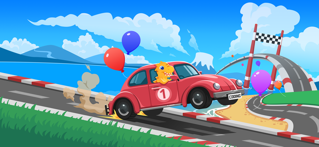 Coding for kids - Racing games - A yellow dinosaur driving a red race car on a colorful track in a kids coding game