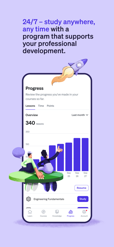 Slang: Professional English - Interface of the Slang app showing a progress dashboard with learning statistics and professional development goals