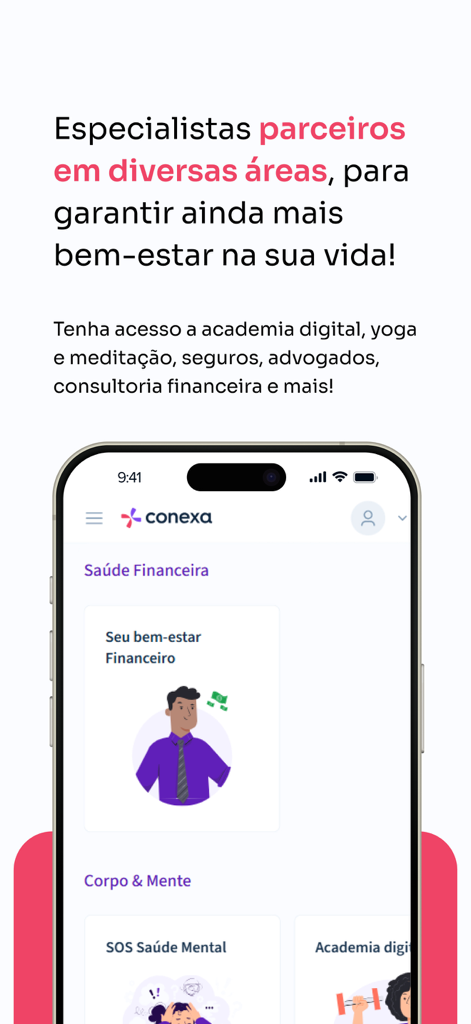 iPhone screen showing Conexa Saude app with financial health and mental health wellness options.