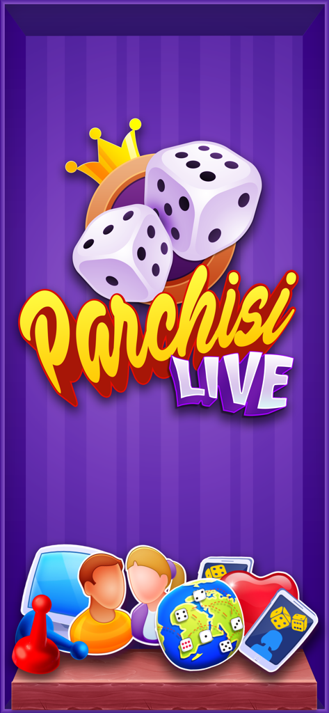 Logotipo del juego Parchis Live con dados blancos y una corona dorada sobre un fondo morado