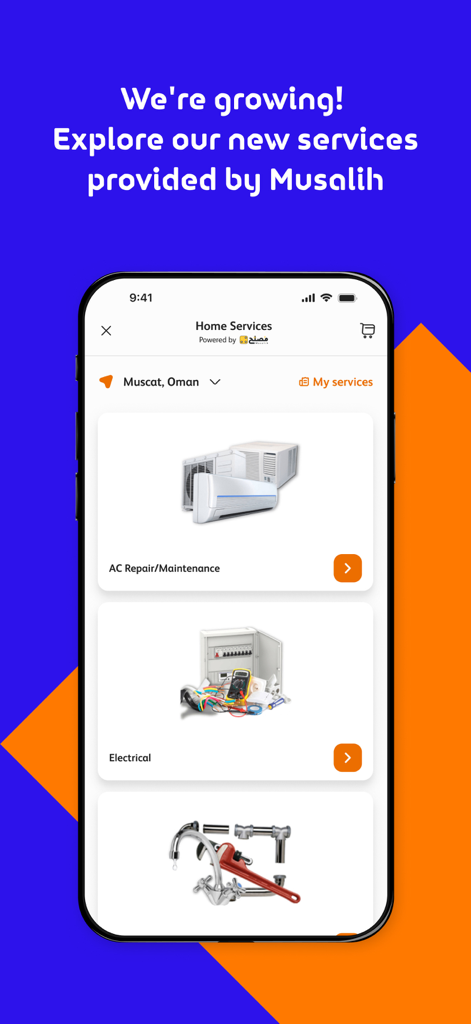 Omantel app screen showing home maintenance services including AC repair and electrical work