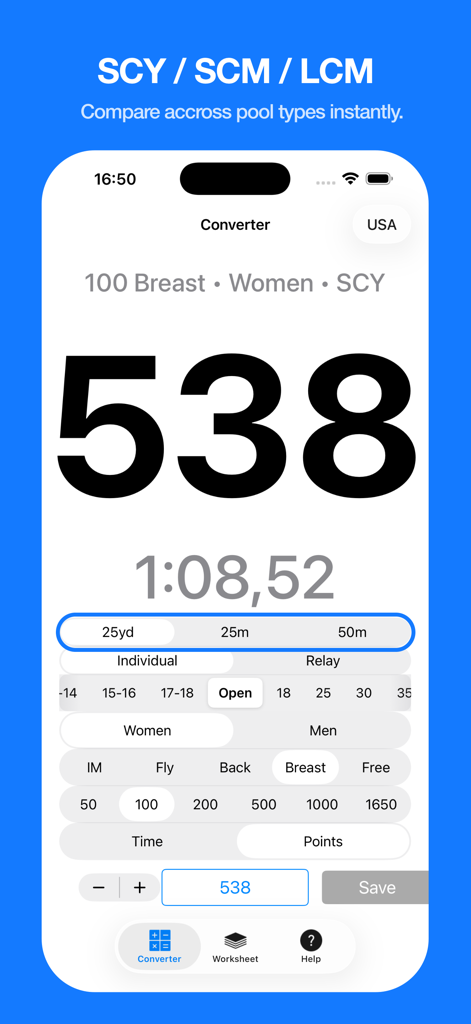 SwimX - Swim Time Converter - Interface of the SwimX app showing swim time to points conversion for different pool types