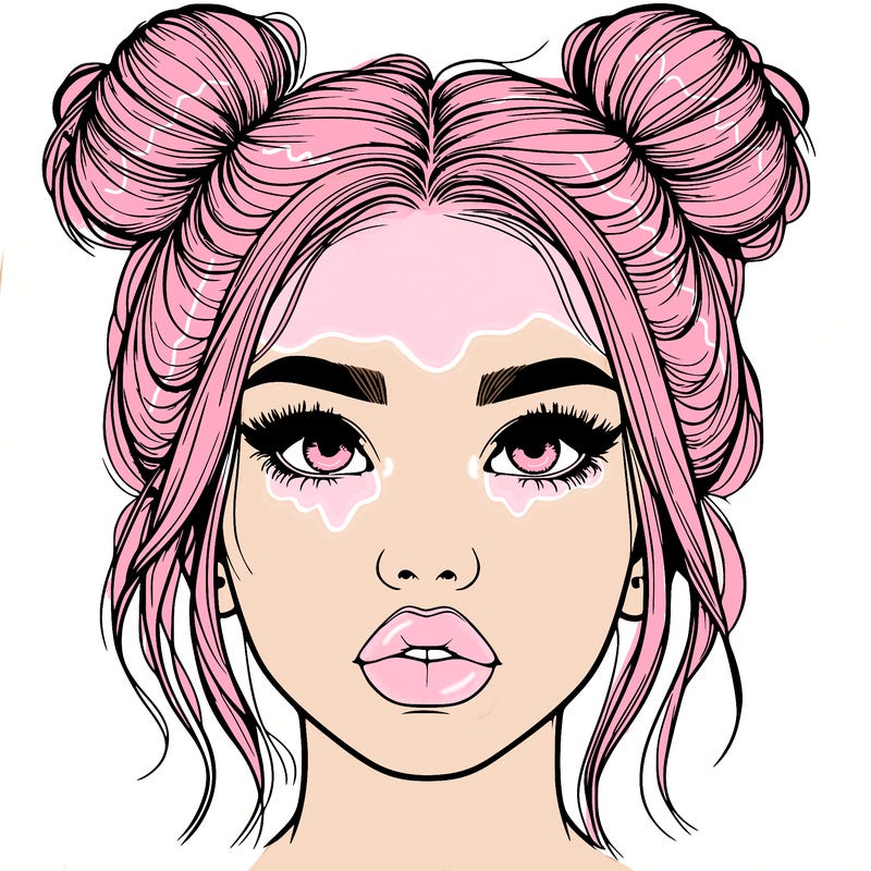 realistic girl with two buns on her hair and lips