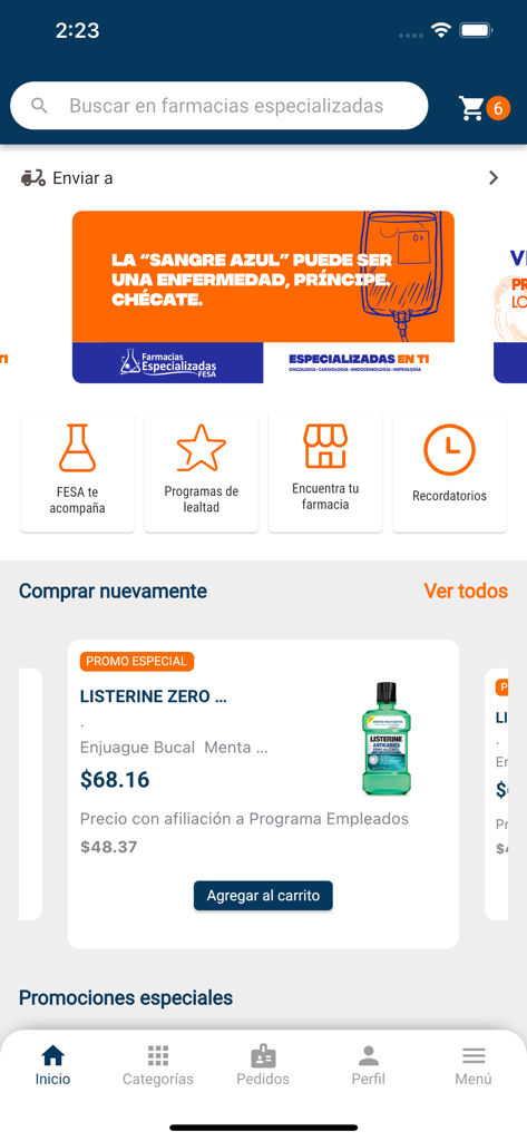 Farmacias Especializadas - Pantalla de inicio de la aplicación móvil Farmacias Especializadas con una barra de búsqueda y servicios de farmacia