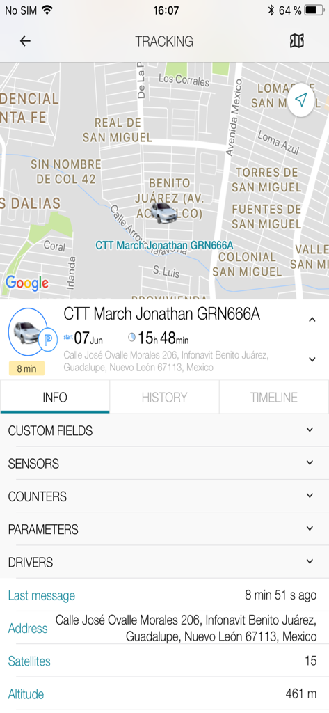 CTTMX Telemática - Mapa de rastreo de vehículos en tiempo real y detalles de la unidad en la aplicación CTTMX Telematica