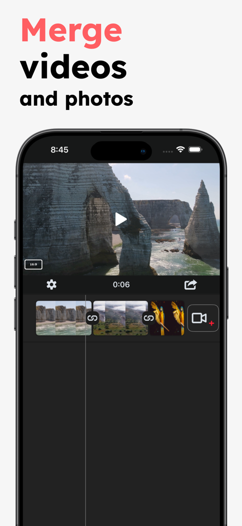 Merge Videos and Photos - iPhone-Bildschirm, der das Tool zum Zusammenführen von Videos und Fotos mit einer Zeitleiste von Clips anzeigt