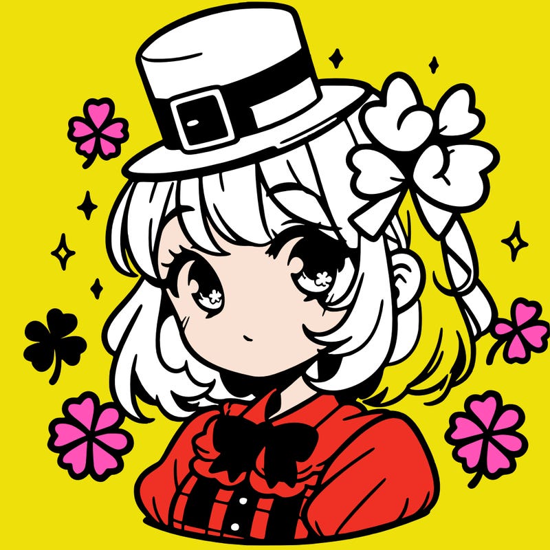 a manga-style girl with clovers around her, a little hat in her hair, like it's saint patrick's day