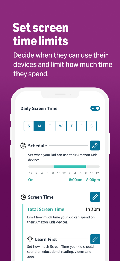 Amazon Kids Parent Dashboard - Una interfaz de aplicación móvil del Panel de Control para Padres de Amazon Kids que muestra los límites diarios de tiempo de pantalla y los controles de programación.