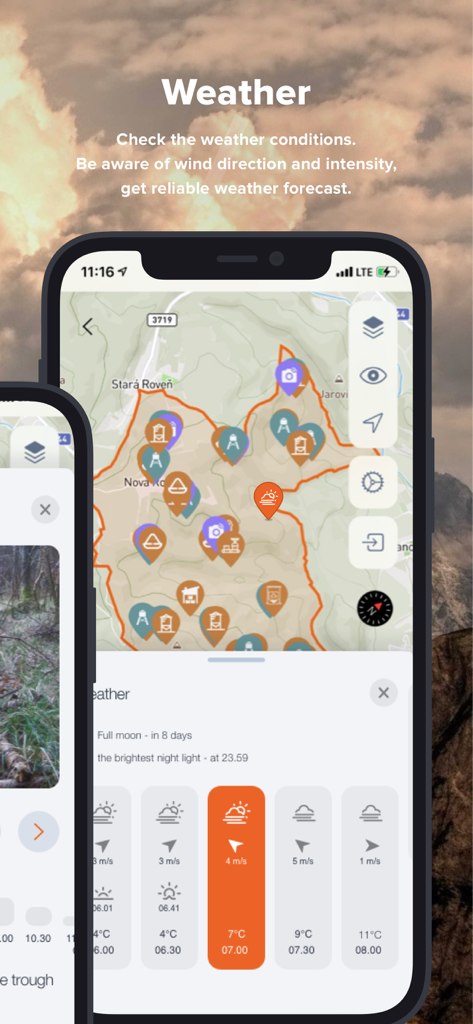 Hunterra: map&book your hunts - Hunterra app interface displaying hunting weather conditions and wind direction on a topographic map