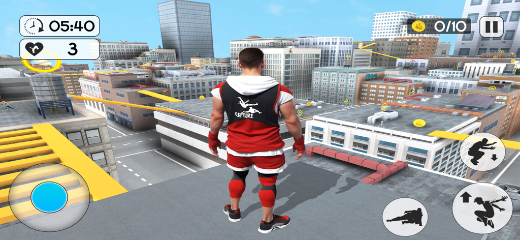 Rooftop Backflip Parkour Games - A parkour athlete stands on the edge of a skyscraper overlooking an urban city skyline in a mobile game