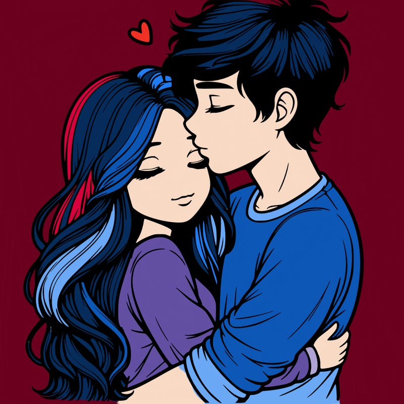 a realistic couple boy and girl hugging and kissing