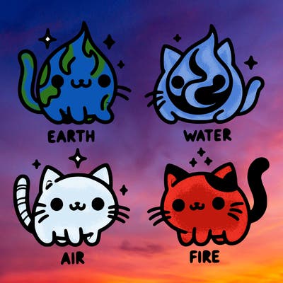 4 cats that represent the different elements, earth, water, air, and fire
