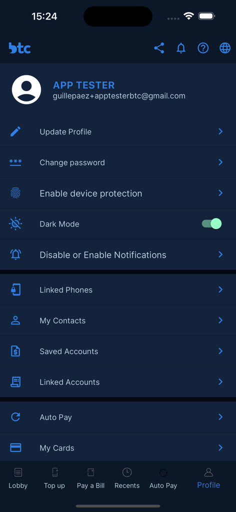 MyBTC - The user profile and account settings screen of the MyBTC mobile app in dark mode showing various management options