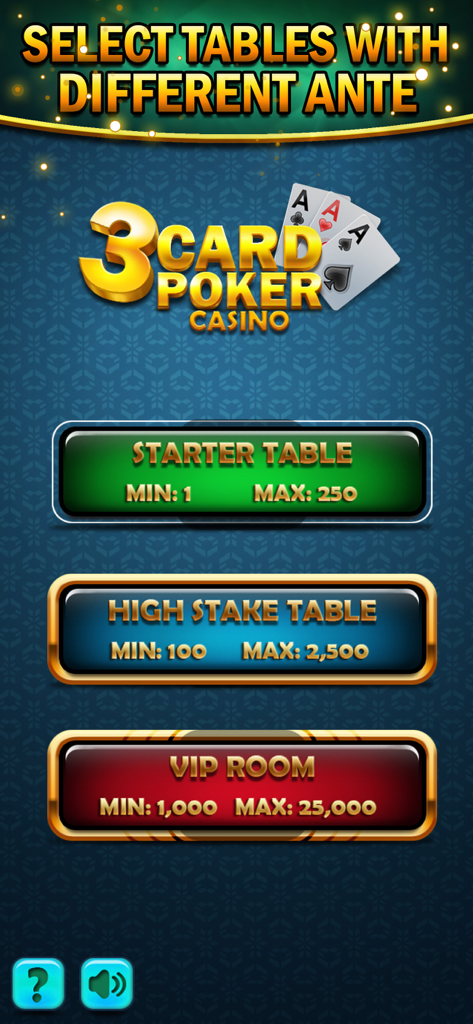 スターターおよびハイステークゲームの異なるアンティレベルを示すテーブル選択のスリーカードポーカーカジノメニュー