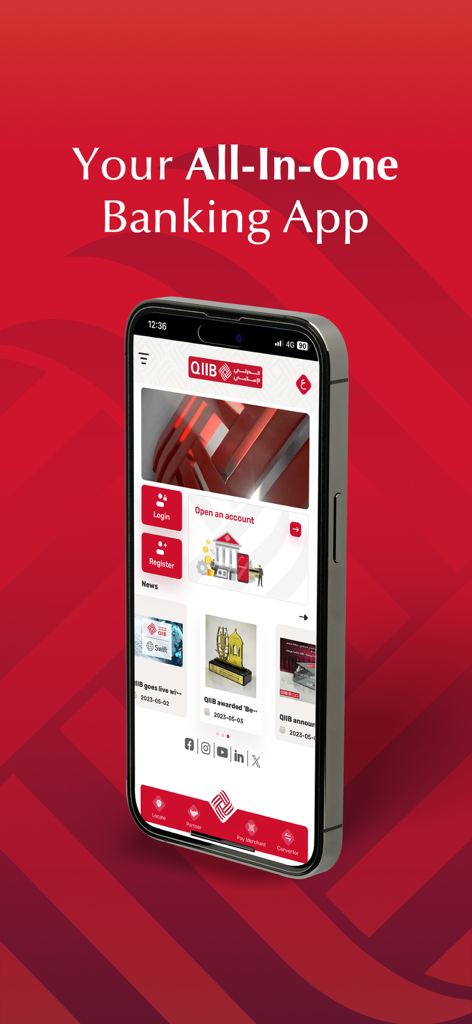 QIIB Mobile - Smartphone showing the QIIB Mobile banking app interface on a red background