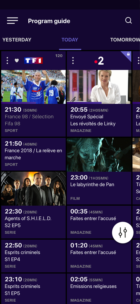 Cablevision+ - Guide des programmes de l'application Cablevision Plus montrant les horaires de télévision des chaînes françaises