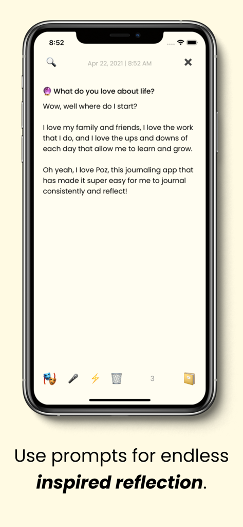 A smartphone screen showing the Poz Journal app interface with a daily reflection prompt and user entry.