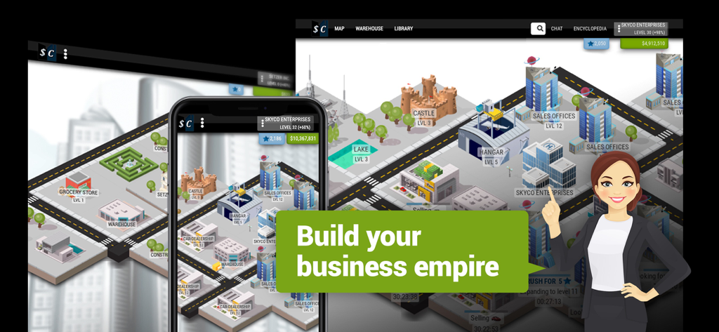 Sim Companies MMO Tycoon game screen showing city building and business management with the text Build your business empire