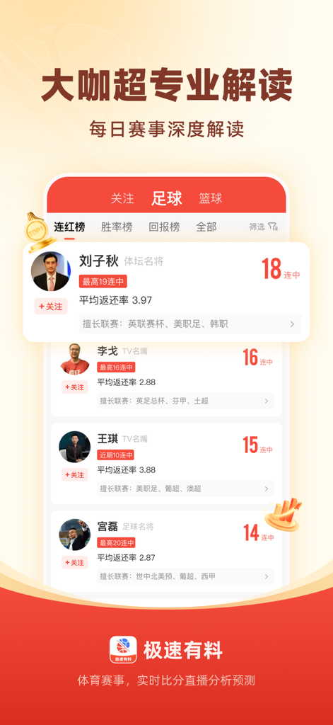 极速有料-足篮球比分预测赛事分析 - Interface of the Jisuyouliao app showing a list of sports experts with their prediction win streaks and statistics.