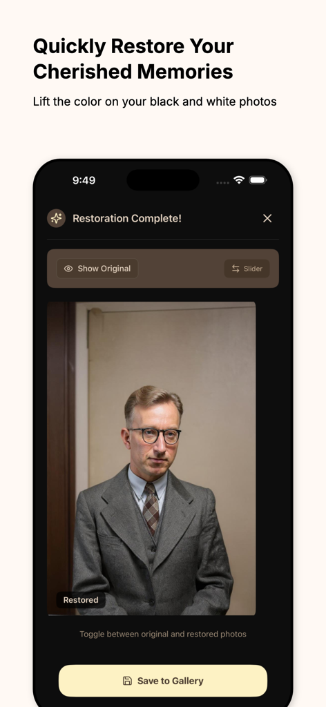 Family Photo Restore - Una pantalla móvil que muestra la aplicación Restauración de Fotos Familiares coloreando un retrato antiguo en blanco y negro de un hombre.