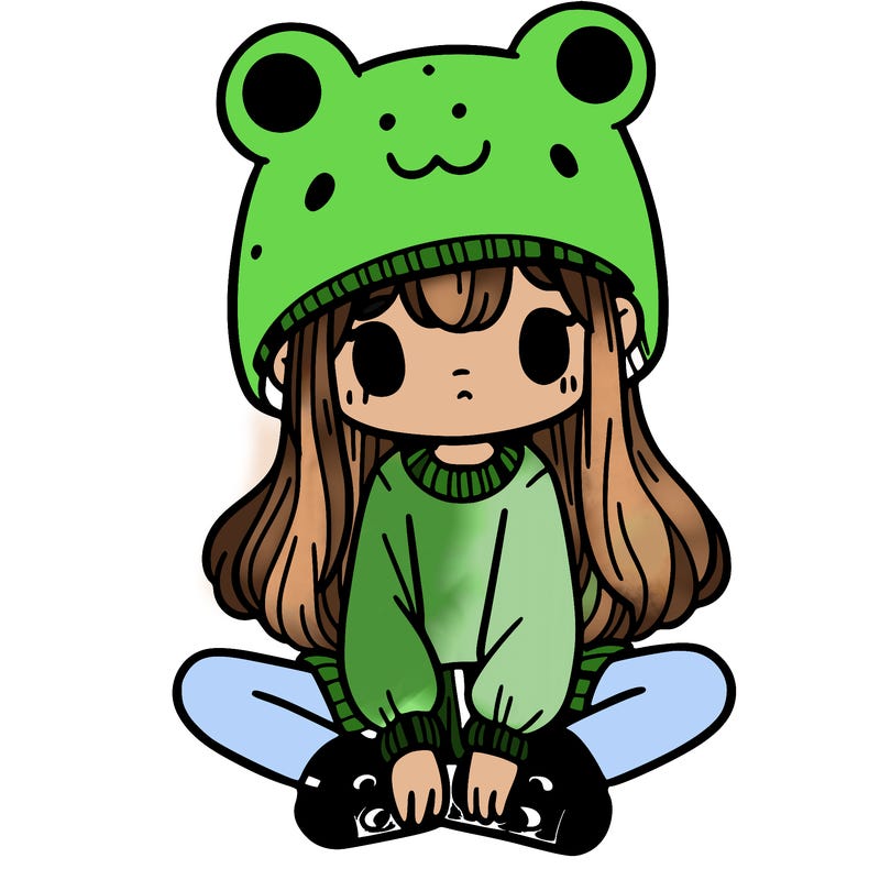 a girl wearing a frog hat and some frog socks