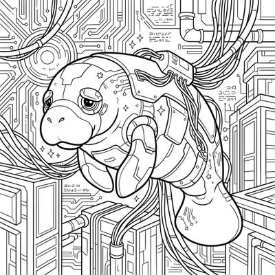 Embark on an epic coloring adventure with this unique African Manatee, reimagined in a thrilling cyberpunk world. Discover intricate details and futuristic vibes waiting for your creative touch.