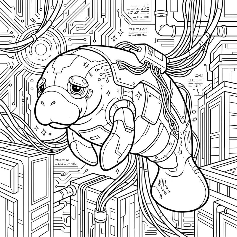 Embark on an epic coloring adventure with this unique African Manatee, reimagined in a thrilling cyberpunk world. Discover intricate details and futuristic vibes waiting for your creative touch.