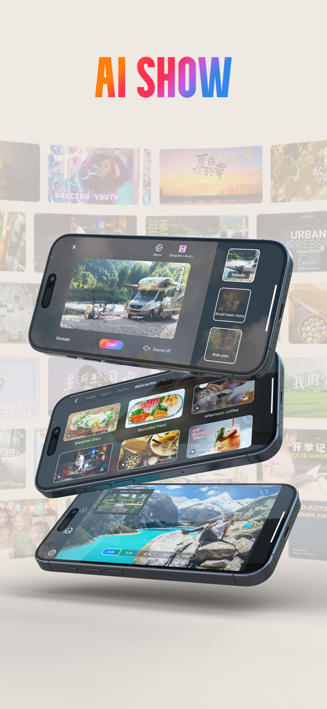 Gimbal Show - Trois smartphones affichant l'interface de l'application Gimbal Show avec un enregistrement vidéo de haute qualité, des modèles cinématographiques créatifs et des outils d'édition professionnels pour les créateurs mobiles.