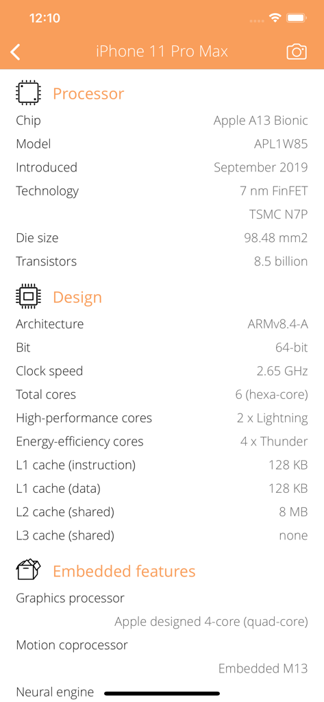 iPhone 11 Pro Maxのプロセッサおよびハードウェアの詳細仕様。
