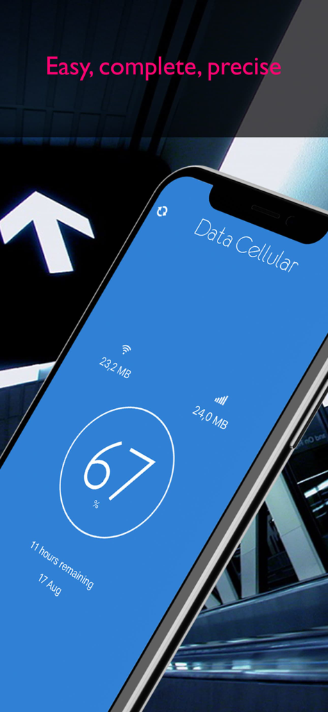 La interfaz de la aplicación Data Cellular Counter en un smartphone que muestra el rastreo de datos celulares y WiFi con un porcentaje de uso