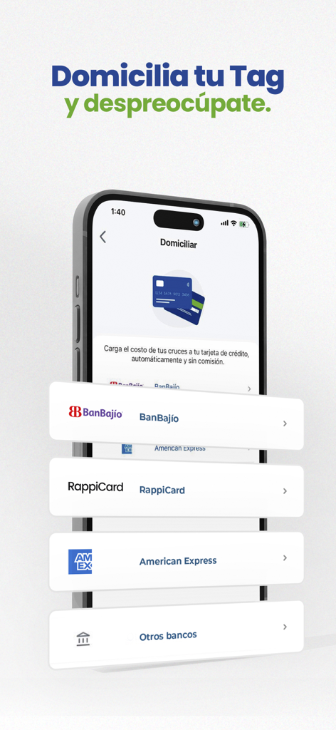 PASE - Mobile screen of the PASE app showing various payment options including American Express and RappiCard for automatic toll tag recharging