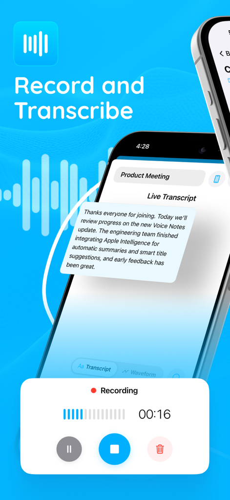 Voice Notes‎ - Voice Notes app interface showing live transcription of a product meeting recording on an iPhone.