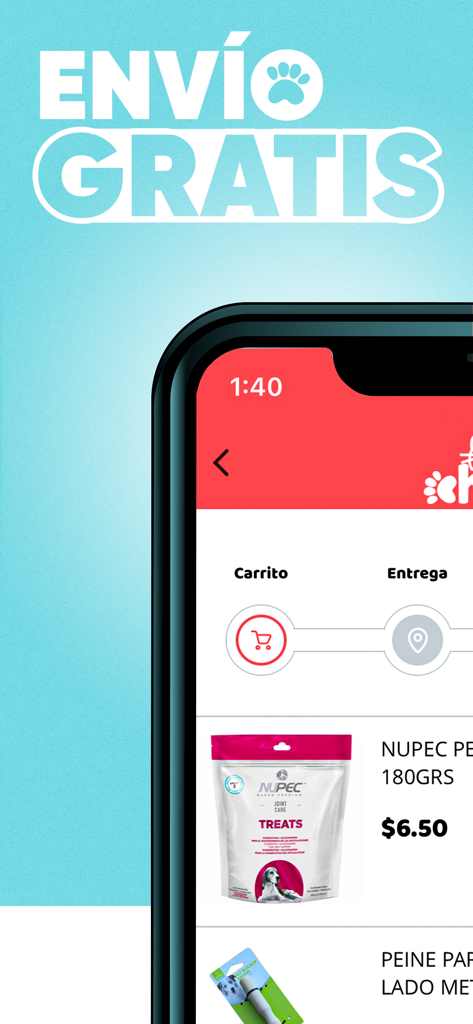 Chilax ES - Chilax ES mobile app interface displaying pet treats and a free shipping banner