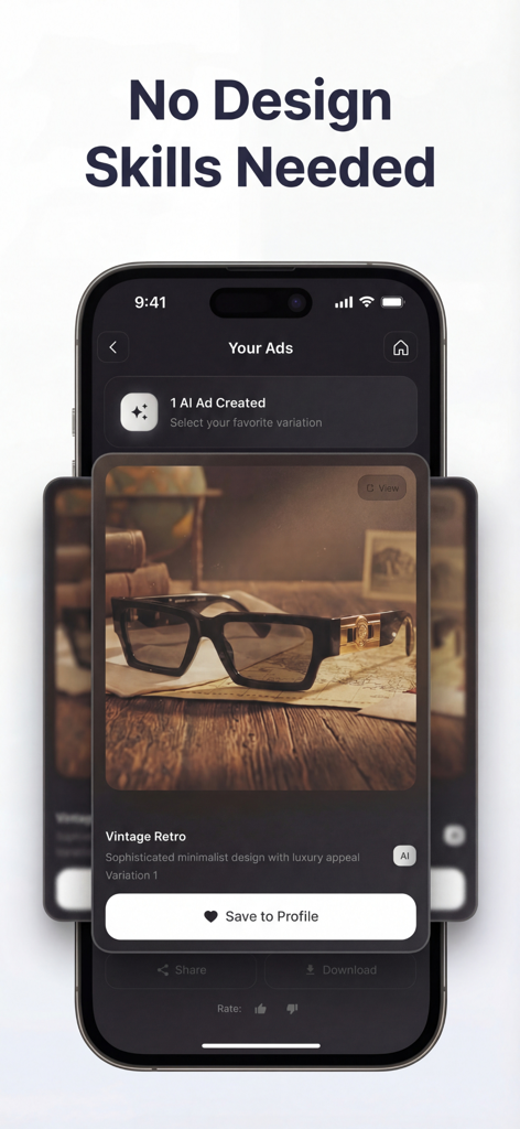 Adify AI - AI Ad Generator - iPhone displaying Adify AI app creating a professional sunglasses advertisement without design skills