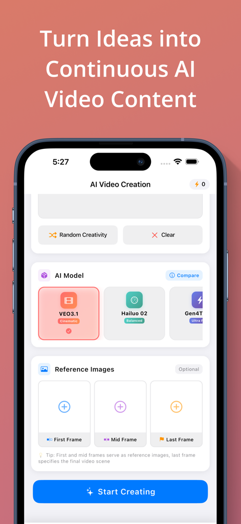 Mobile interface of GenAI Studio showing AI model selection and reference image inputs for video generation